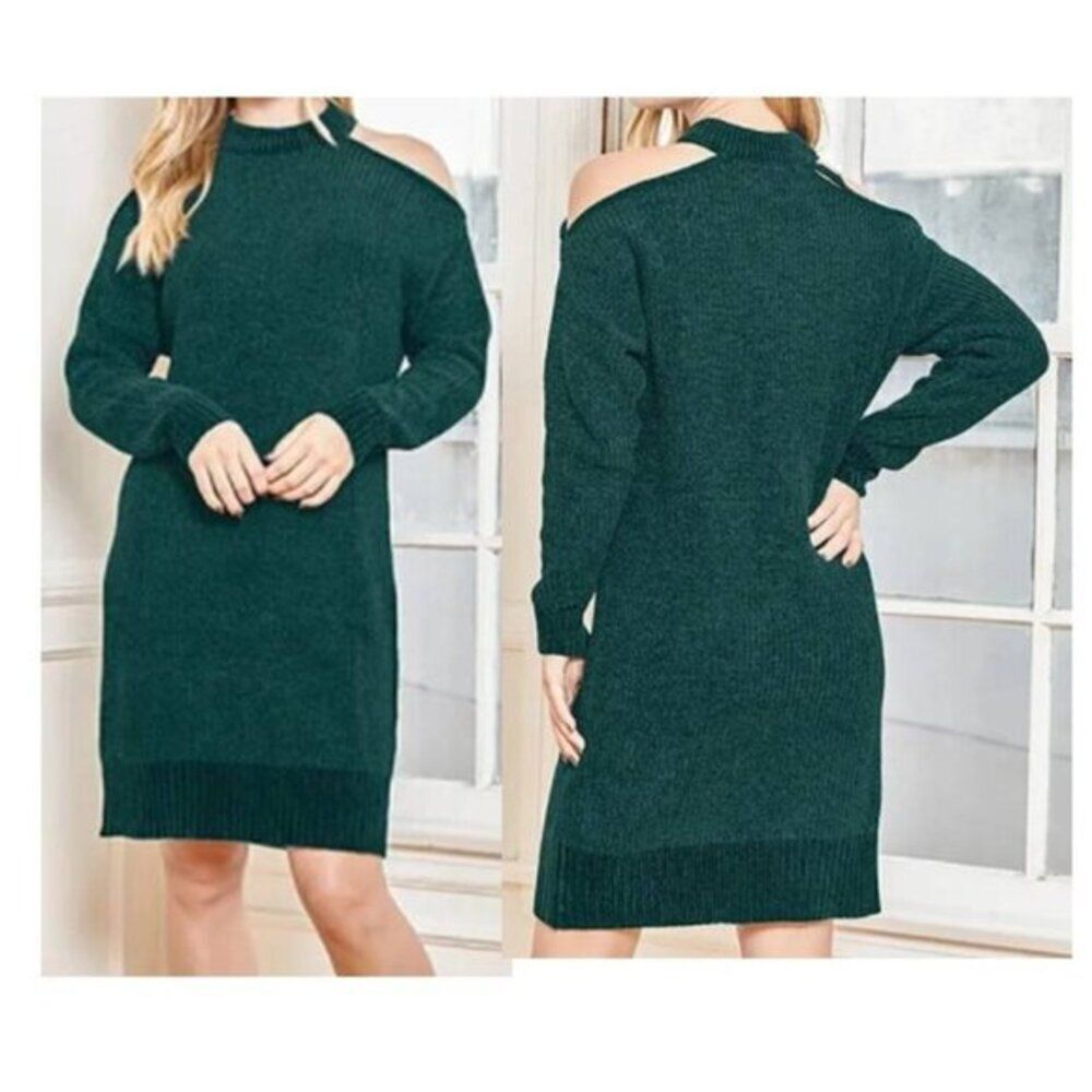 Lulus Women's Sweater Dress Cable Knit Chenille Cold Shoulder Winter Green $79